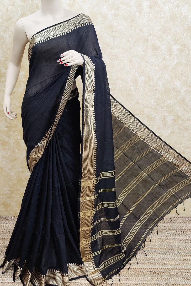 Black Color Bengal Handloom Khadi Cotton Saree(with Blouse) Mc251825